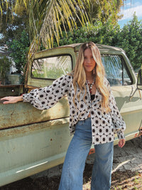 White wedding retro floral button-up blouse by Lil Bee's Bohemian, featuring delicate floral patterns and vintage-inspired design.