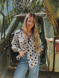 White wedding retro floral button-up blouse by Lil Bee's Bohemian, featuring vintage-inspired floral design and classic collar.