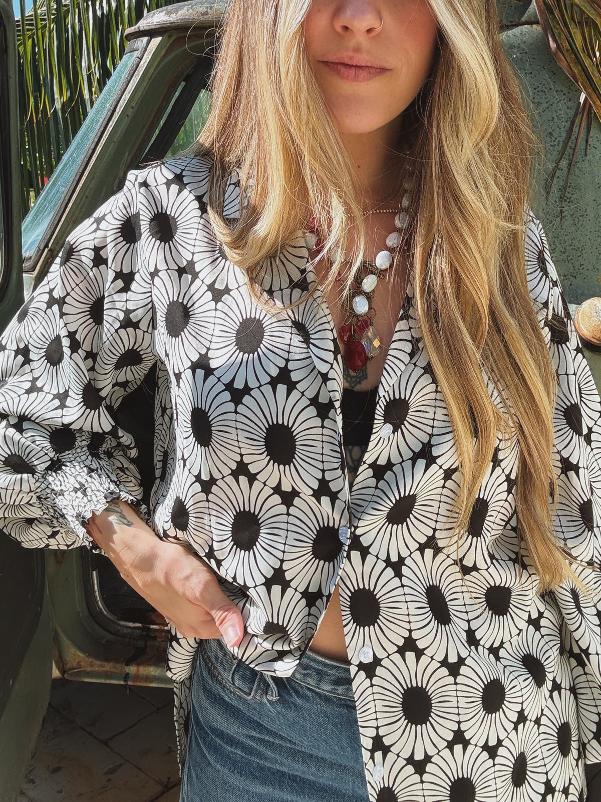 White wedding retro floral button-up blouse by Lil Bee's Bohemian, casual and elegant apparel for special occasions.