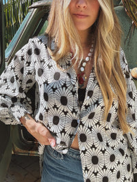 White wedding retro floral button-up blouse by Lil Bee's Bohemian, casual and elegant apparel for special occasions.