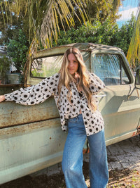 White wedding retro floral button-up blouse by Lil Bee's Bohemian, featuring vintage-inspired floral pattern and classic collar.