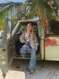 White wedding retro floral button-up blouse by Lil Bee's Bohemian, featuring vintage-inspired design with delicate floral details.
