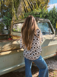 White wedding retro floral button-up blouse by Lil Bee's Bohemian, featuring vintage-inspired design and delicate floral pattern.