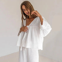 Women's Loran 2-piece cotton pajama set with V-neck top and matching shorts, soft and comfortable sleepwear for women.