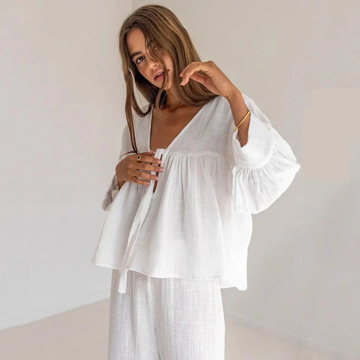 Women's Loran 2-piece cotton pajama set with V-neck top and matching shorts, soft and comfortable sleepwear for women.
