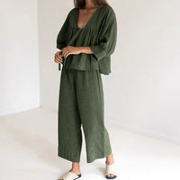 Women's Loran 2-piece cotton pajama set with V-neck sleepwear, featuring soft, comfortable fabric and relaxed fit for nighttime comfort.