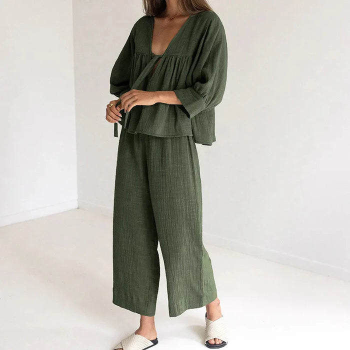 Women's Loran 2-piece cotton pajama set with V-neck sleepwear, featuring soft, comfortable fabric and relaxed fit for nighttime comfort.