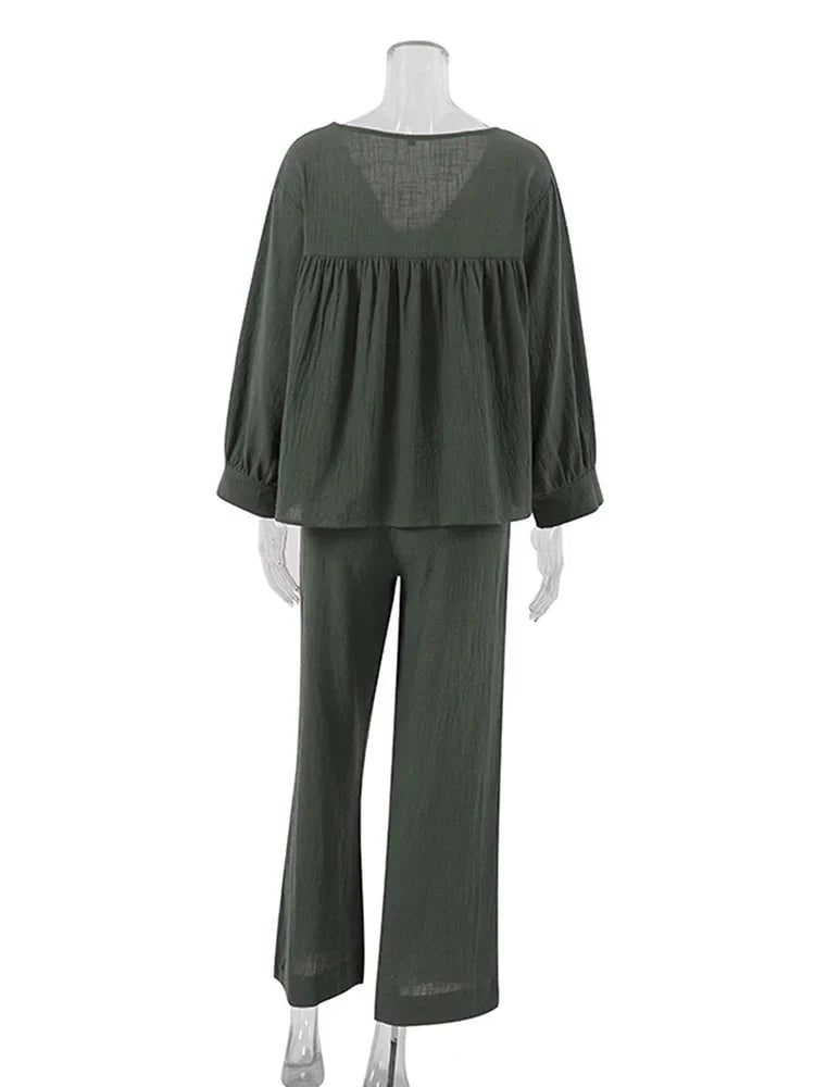 Loran women's 2-piece cotton pajama set with V-neck top and matching pants, comfortable sleepwear for women.