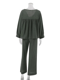 Loran women's 2-piece cotton pajama set with V-neck top and matching pants, comfortable sleepwear for women.