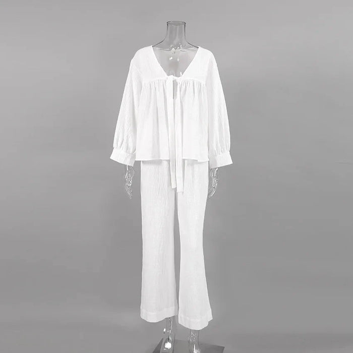 Loran women's 2-piece cotton pajama set with V-neck tops and matching pajama bottoms, perfect for comfortable sleepwear.