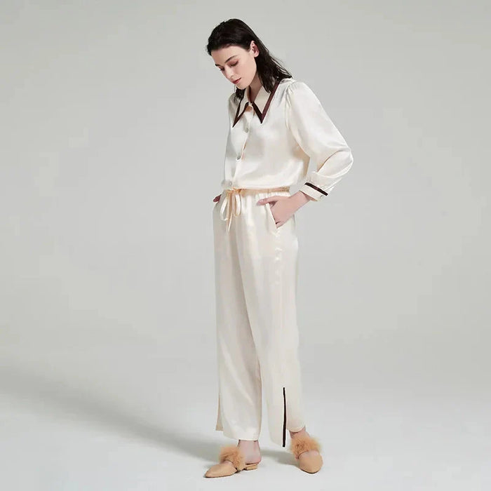 Loran women's contrast silk pajama set with long-sleeve top and matching pants, elegant sleepwear for comfortable nights.