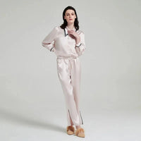 Loran women's contrast silk pajama set with long-sleeve top and matching pants, elegant sleepwear in smooth silk fabric.