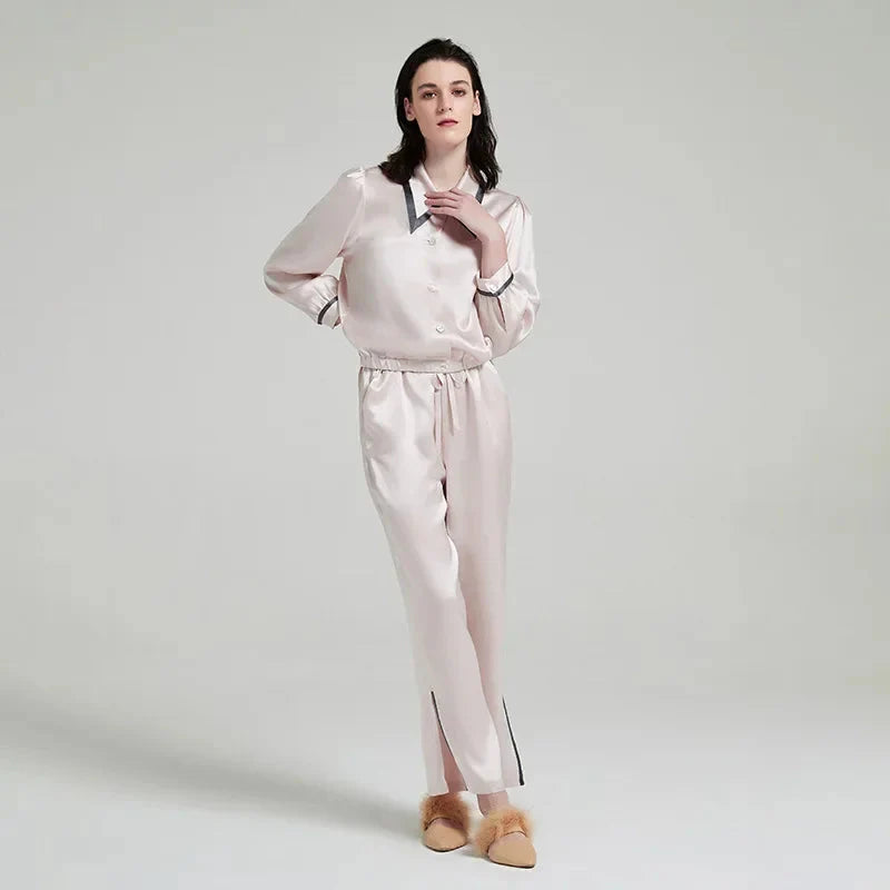 Loran women's contrast silk pajama set with long-sleeve top and matching pants, elegant sleepwear in smooth silk fabric.