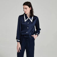 Loran women's contrast silk pajama set with long-sleeve top and matching pants, soft and elegant sleepwear for women.