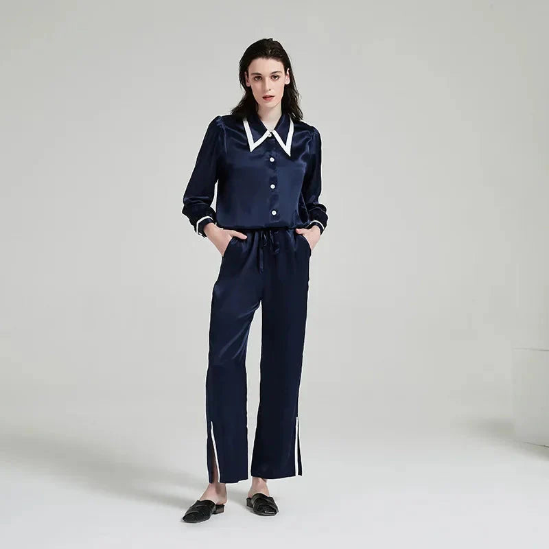 Loran contrast silk long-sleeve women's pajama set featuring a stylish sleepwear design with a smooth, luxurious fabric.