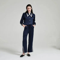 Loran contrast silk long-sleeve women's pajama set featuring a stylish sleepwear design with a smooth, luxurious fabric.