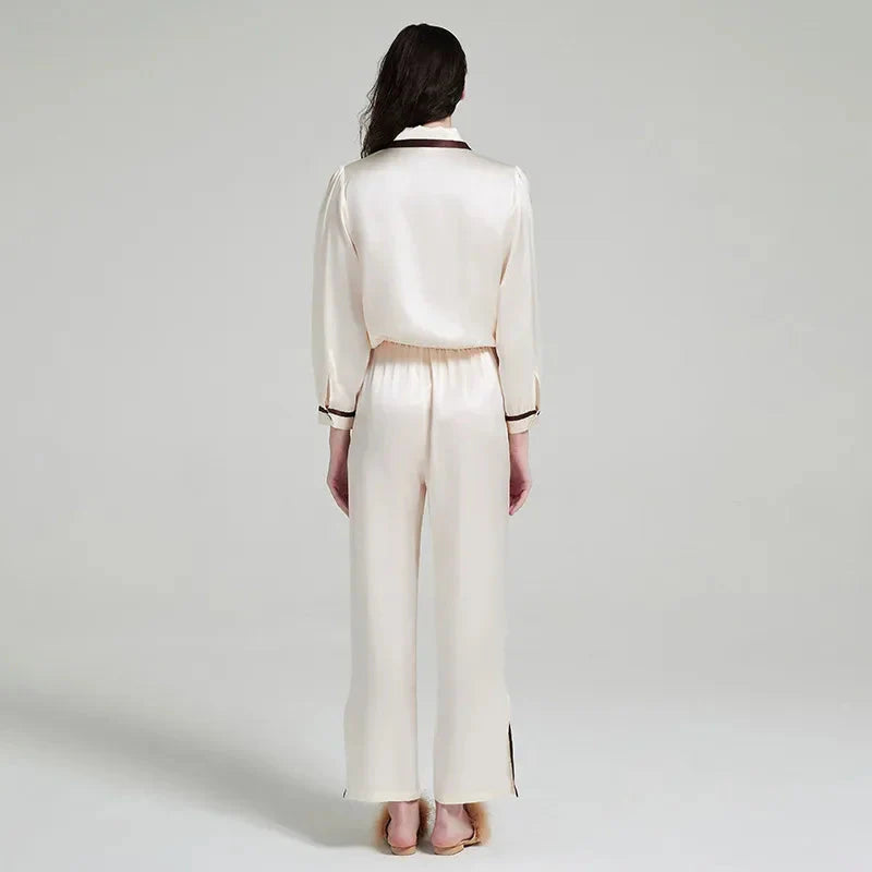 Loran contrast silk pajama set for women featuring long-sleeve top and matching pants, luxurious sleepwear with elegant design