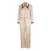 Loran women's contrast silk pajama set with long-sleeve top and matching pants, elegant sleepwear for comfortable nights
