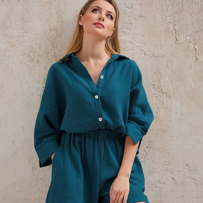 Loran women's cotton pajama set with casual collar, comfortable sleepwear suit featuring a relaxed fit and soft fabric.