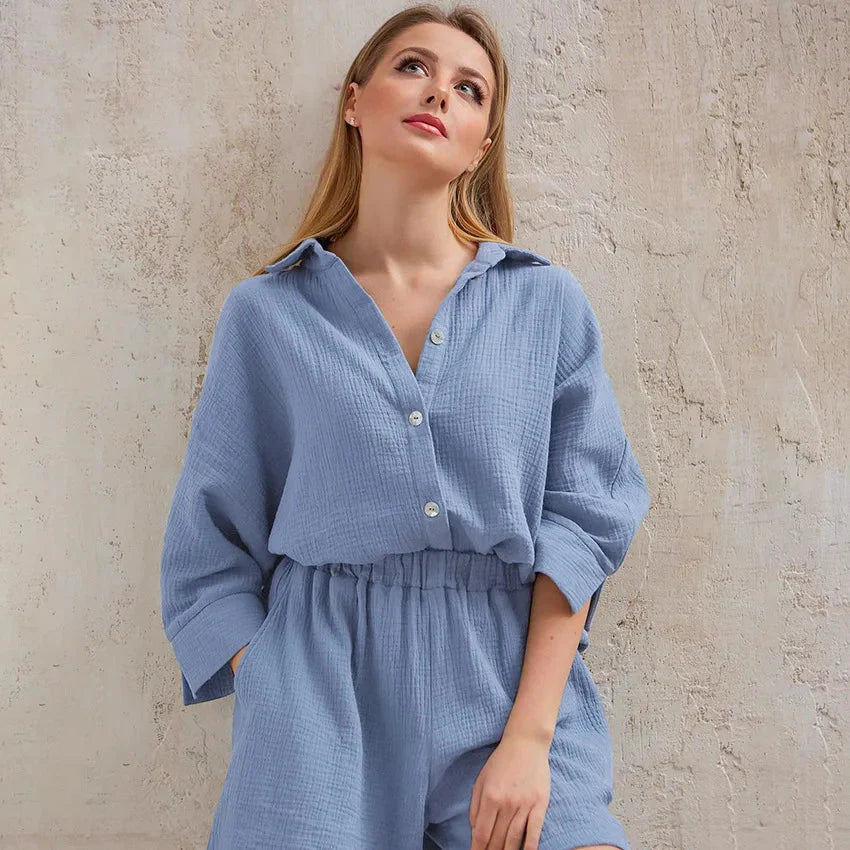 Loran women's cotton pajama set with casual collar, comfortable sleepwear suit, soft fabric, and relaxed fit for nighttime comfort.