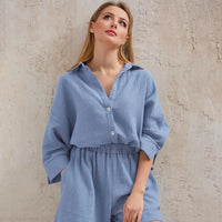 Loran women's cotton pajama set with casual collar, comfortable sleepwear suit, soft fabric, and relaxed fit for nighttime comfort.