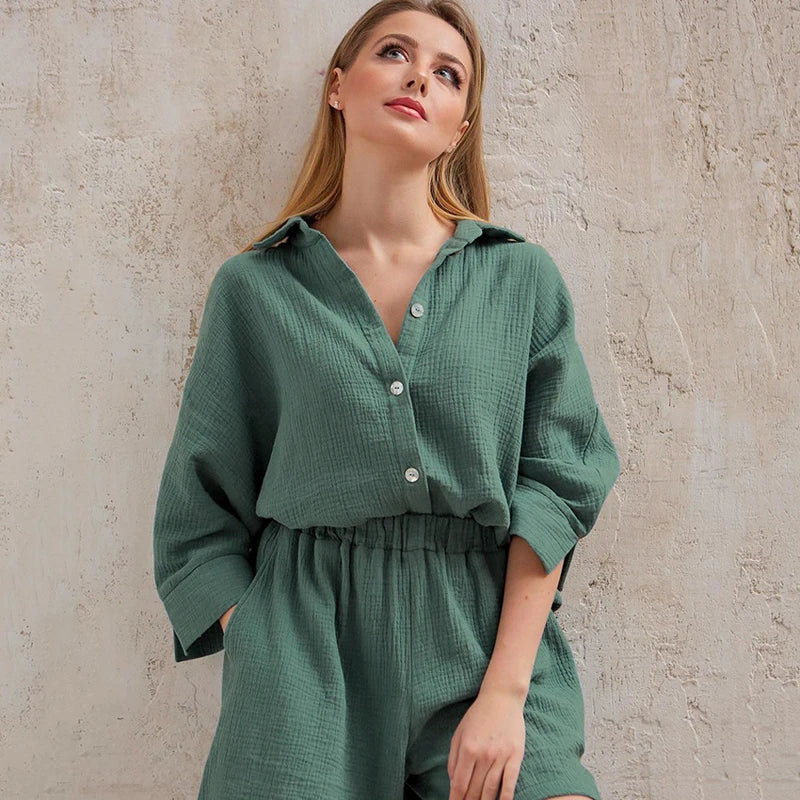 Loran women's cotton pajama set with casual collar, comfortable sleepwear suit featuring a relaxed fit and soft fabric.