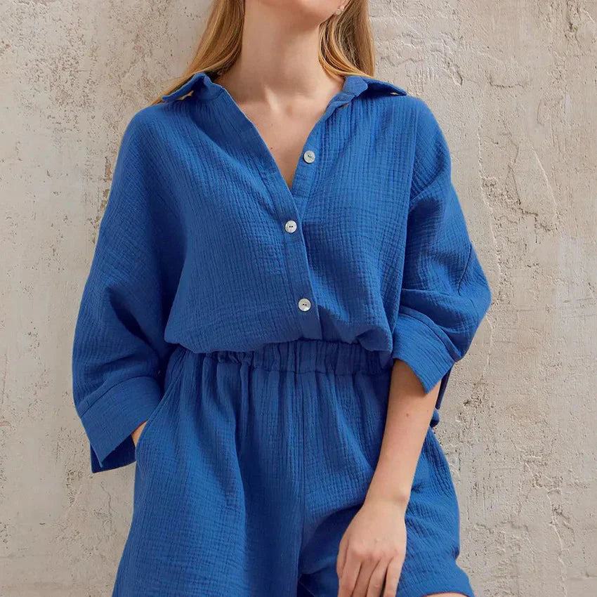 Women's cotton pajama set with casual collar, comfortable sleepwear suit by Loran, featuring a relaxed fit and soft fabric.