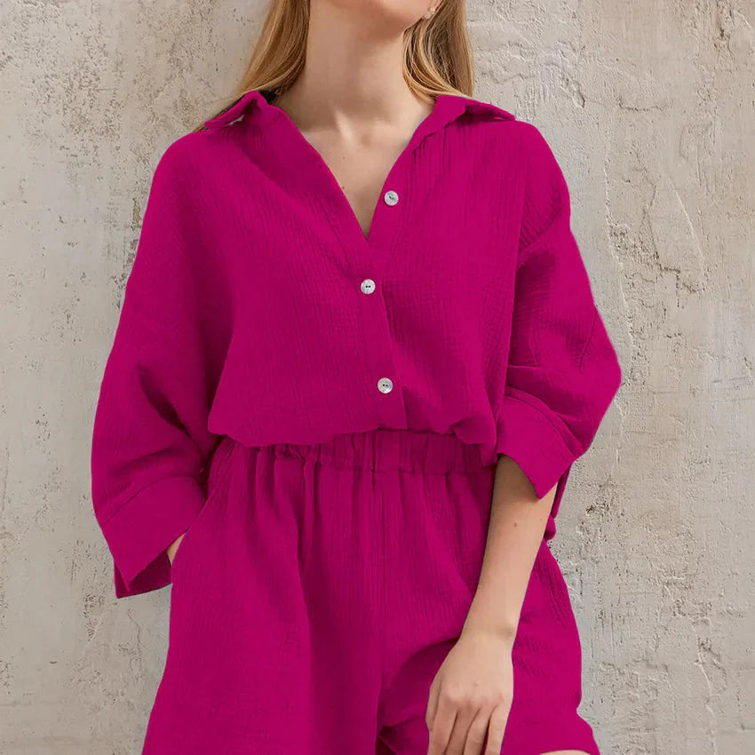 Loran women's cotton pajama set with casual collar, comfortable sleepwear suit, featuring a relaxed fit and soft fabric.