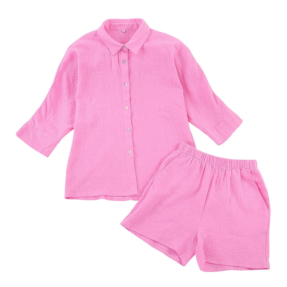 Women's cotton pajama set by Loran featuring a casual collar sleepwear suit with a comfortable, relaxed fit.