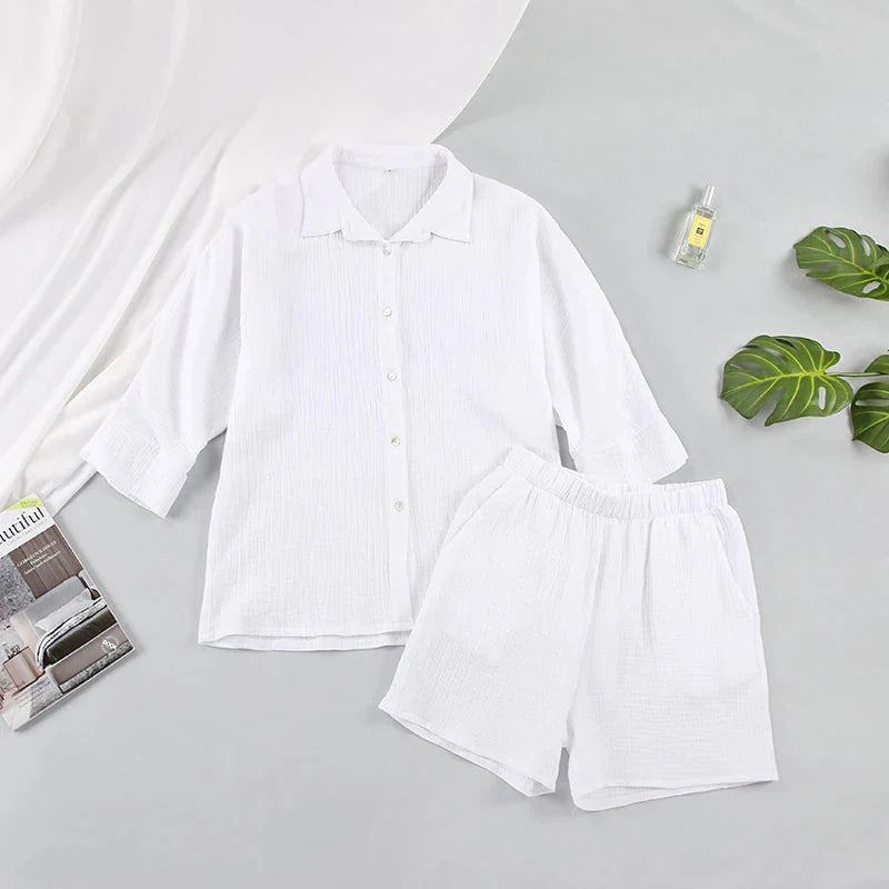 Women's Loran cotton pajama set with casual collar, comfortable sleepwear suit featuring a relaxed fit and soft fabric.