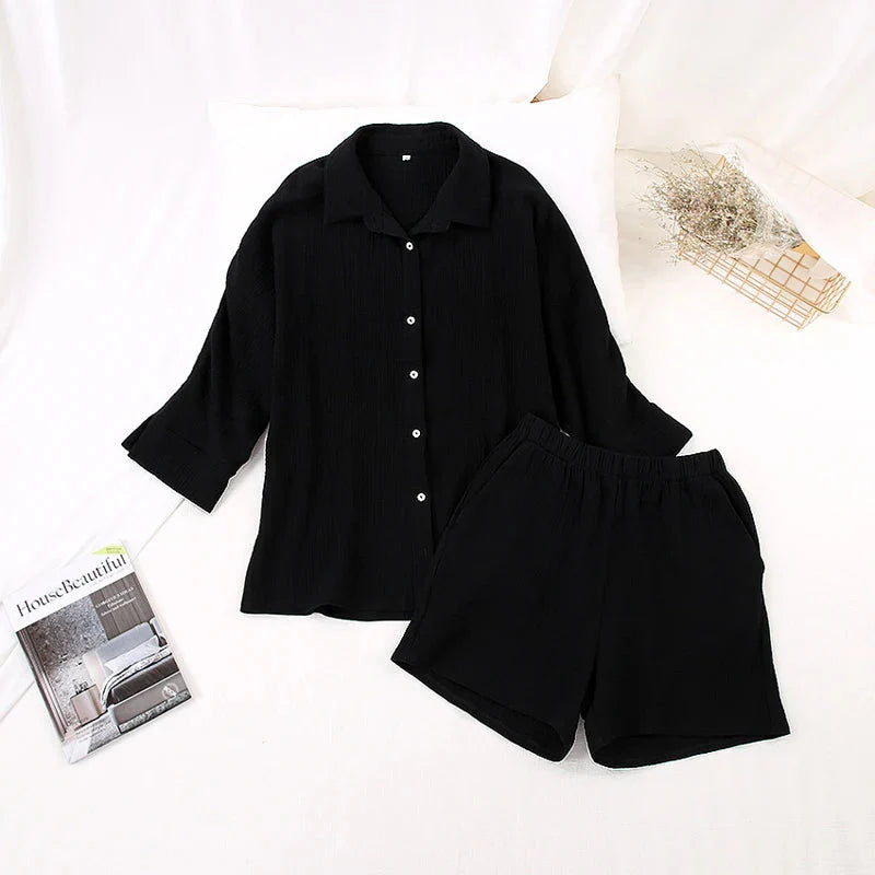 Women's cotton pajama set with casual collar from Loran, featuring a comfortable sleepwear suit perfect for relaxing nights.