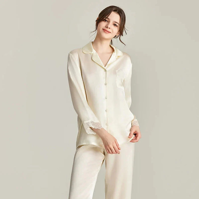 Loran women's silk pajamas set with lace trim, 100% real silk sleepwear, soft and elegant for comfortable nights.