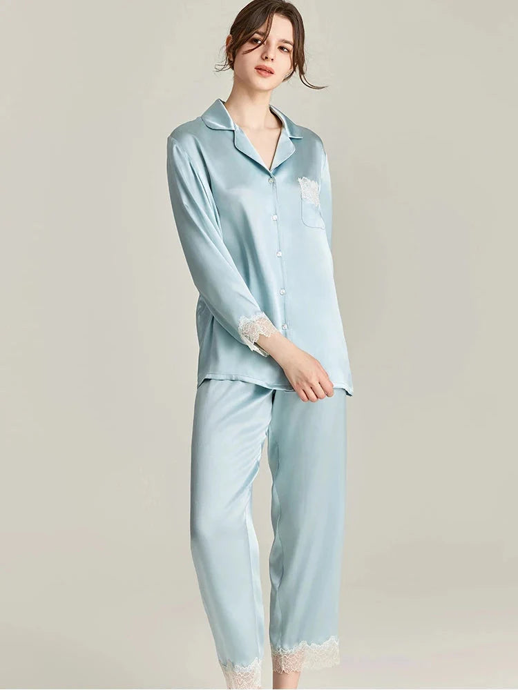 Loran women's silk pajamas set with lace trim, soft 100% real silk sleepwear for comfortable nightwear