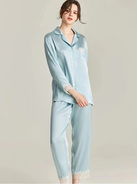 Loran women's silk pajamas set with lace trim, soft 100% real silk sleepwear for comfortable nightwear
