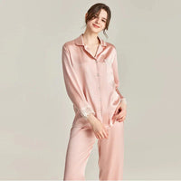 Loran women's silk pajamas set with lace trim, 100% real silk, soft and elegant sleepwear for women.