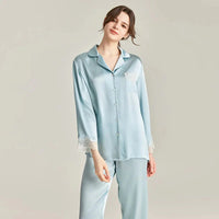 Loran women's 100% real silk pajamas set with lace trim, elegant sleepwear for comfortable, stylish nights.