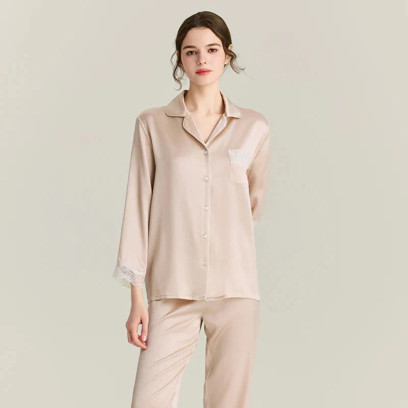 Loran 100% real silk women's pajamas set with lace trim, featuring a comfortable sleepwear top and matching pants.