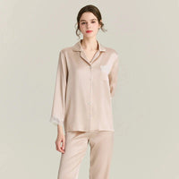 Loran 100% real silk women's pajamas set with lace trim, featuring a comfortable sleepwear top and matching pants.