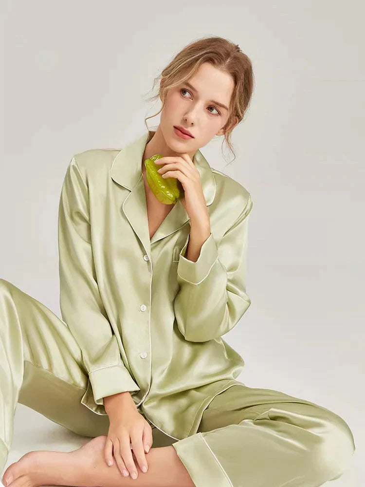 Loran women's real silk pajama set with long sleeve white nightwear, featuring a comfortable, elegant design.