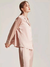 Loran women's long sleeve white silk pajama set with comfortable nightwear for women, featuring a soft and luxurious fabric.