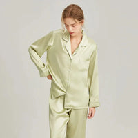 Loran women's long sleeve white silk pajama set, elegant nightwear with soft, smooth fabric and comfortable fit.