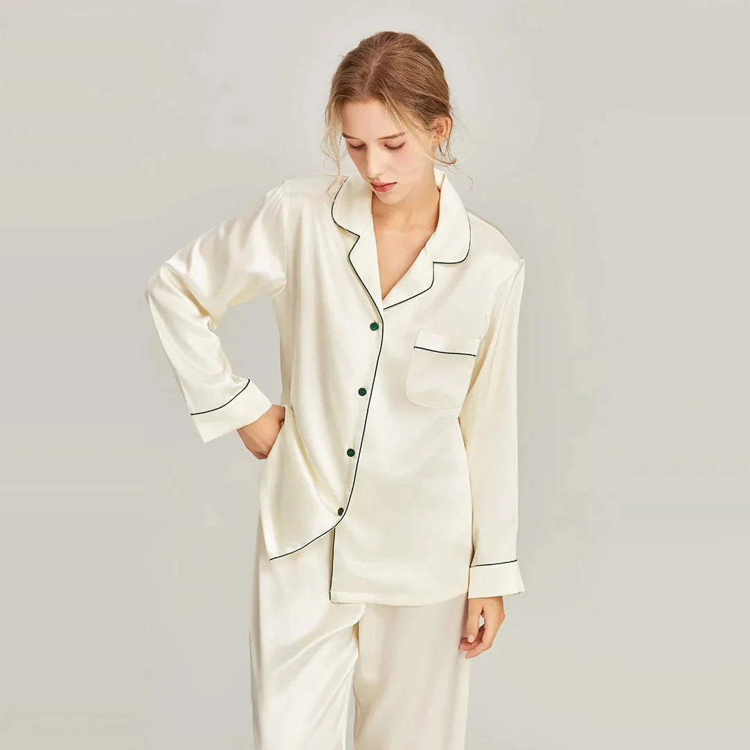 White silk pajama set for women with long sleeves, luxurious Loran nightwear, comfortable and elegant for nighttime lounging