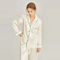 White silk pajama set for women with long sleeves, luxurious Loran nightwear, comfortable and elegant for nighttime lounging