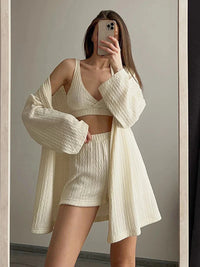 Loran women's sleepwear 3-piece V-neck pajama set with soft fabric, includes top and matching bottoms for comfortable nightwear.