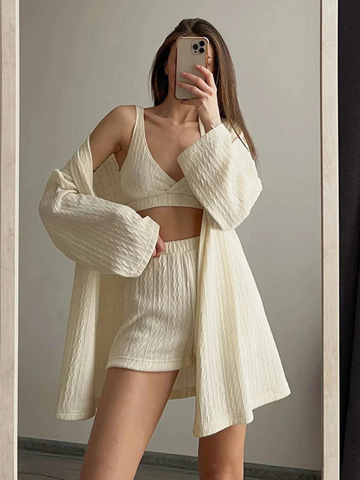 Loran women's sleepwear 3-piece V-neck pajama set with soft fabric, includes top and matching bottoms for comfortable nightwear.