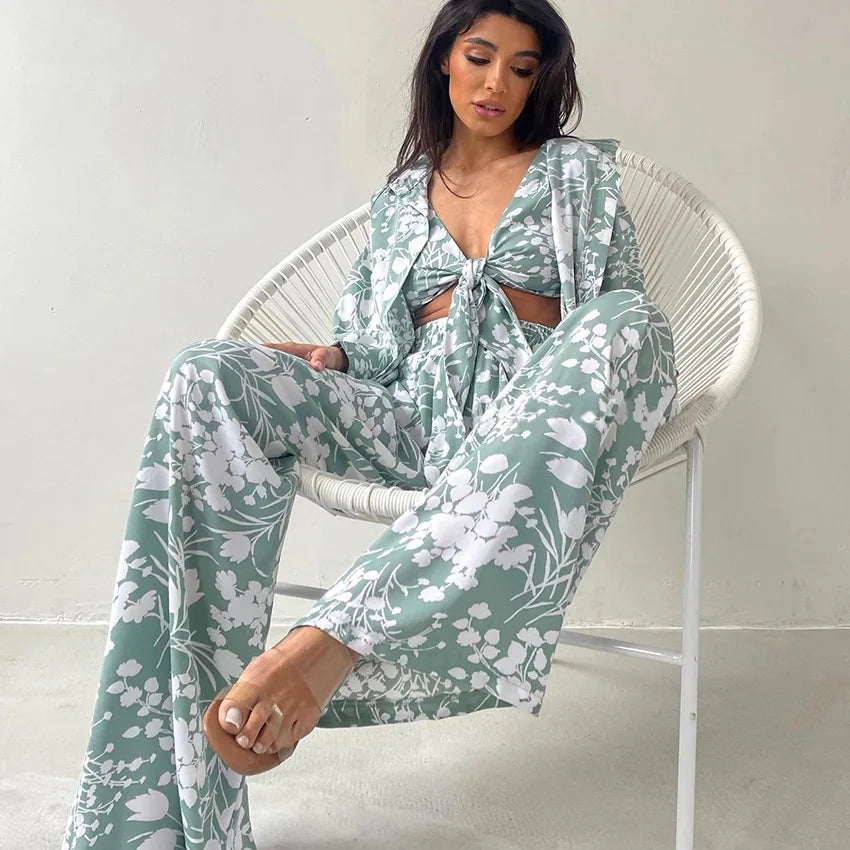 Loran women's 3-piece floral pajama set featuring a top, bottoms, and sleep mask in autumn sleepwear and loungewear style.