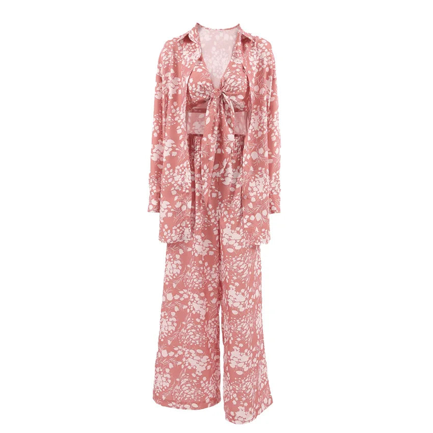 Loran women’s 3-piece floral pajama set with autumn sleepwear and loungewear, featuring a top, pants, and matching shorts.