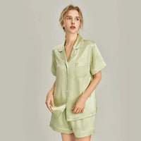 Women's pink silk pajamas set by Loran, short sleeve sleepwear made of luxurious real silk with a comfortable fit.