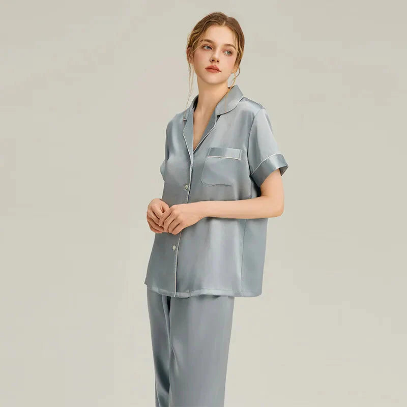 Women's pink silk pajamas set by Loran, short sleeve sleepwear with a comfortable, luxurious real silk fabric.