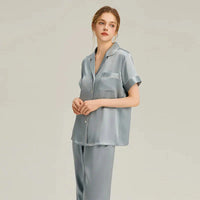 Women's pink silk pajamas set by Loran, short sleeve sleepwear with a comfortable, luxurious real silk fabric.